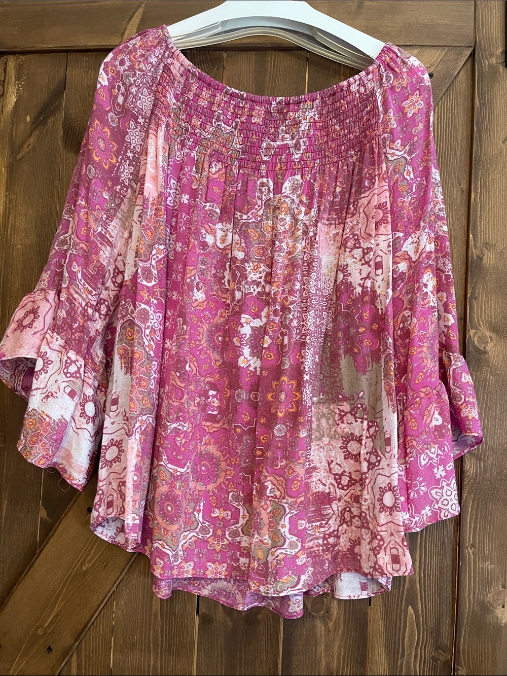 Zac & Rachel Pink Boho Print Smocked Bell Sleeve Blouse